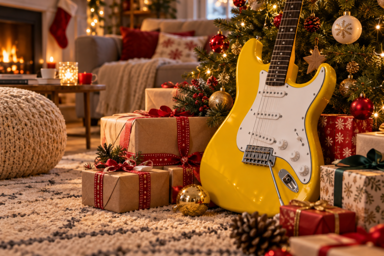 guitare jaune sapin de noël et cadeaux